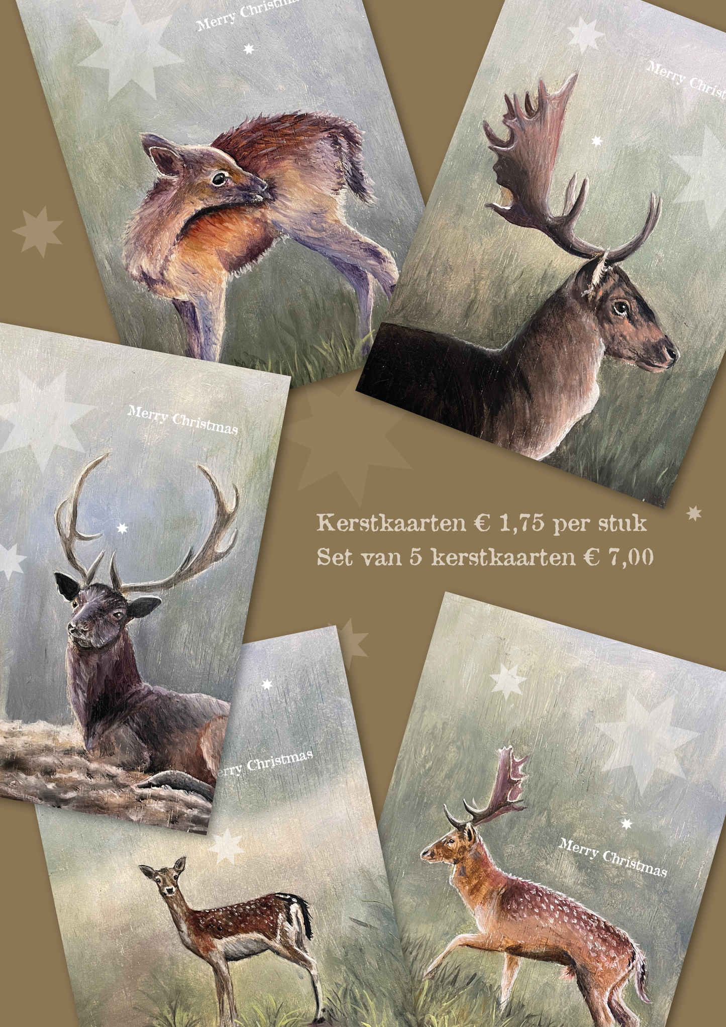 Kerstkaarten Herten set 5 stuks