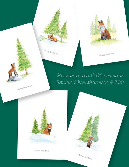Kerstkaarten Vossen set 5 stuks